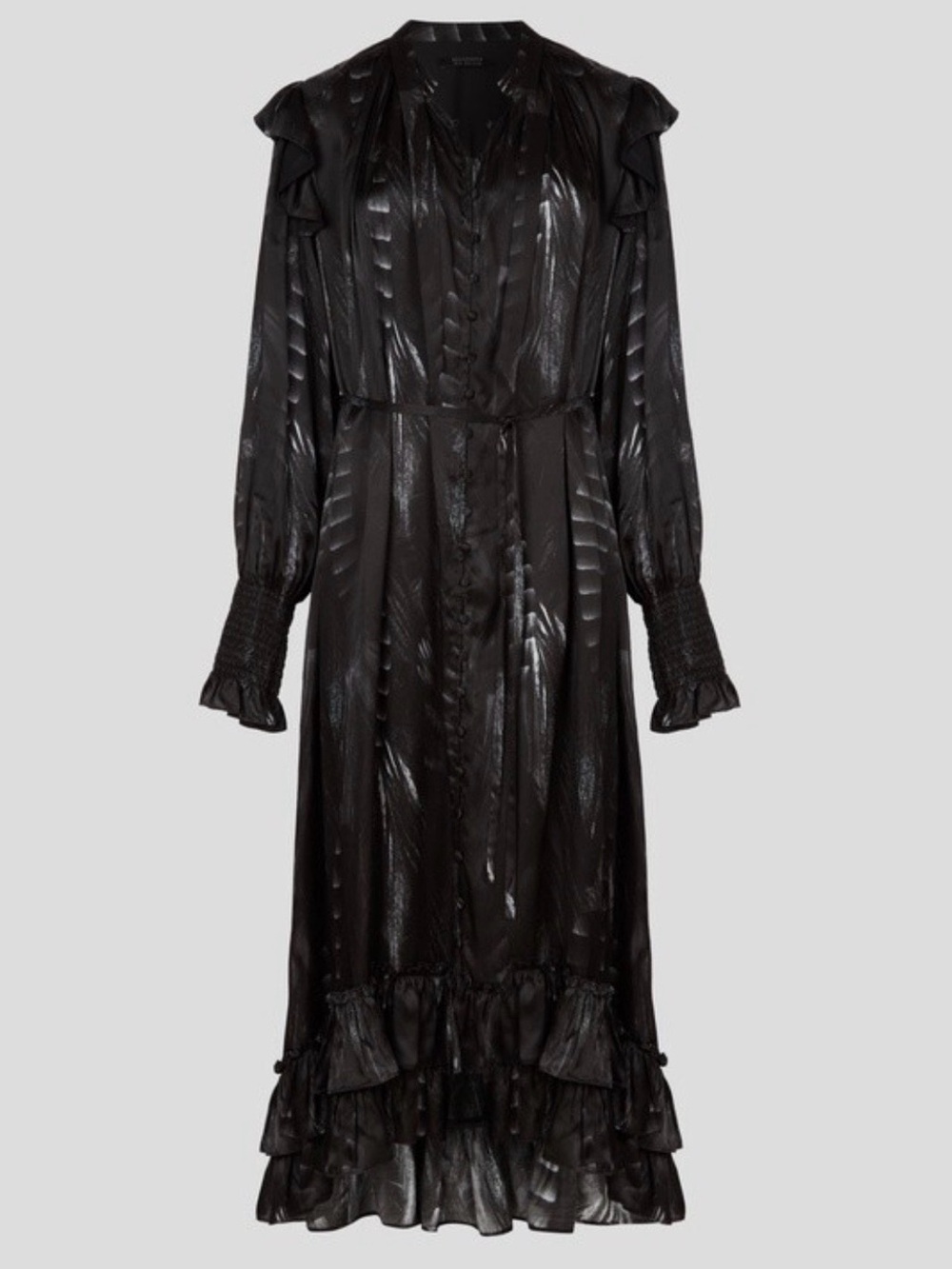 All Saints Lara Silk Viola Ruffle Feathered Print MIDI Dress $398 - Picture 1 of 11
